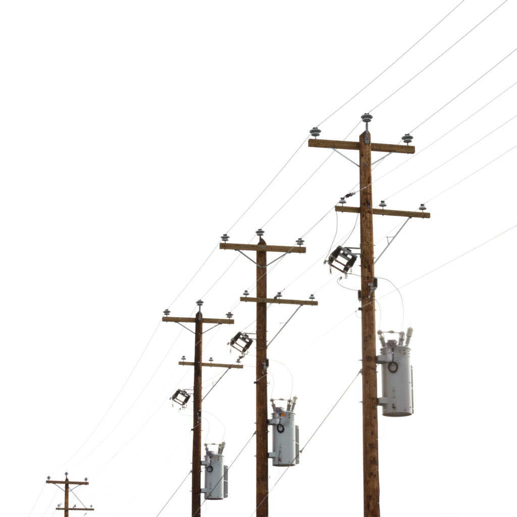 Wood power poles with transformers
