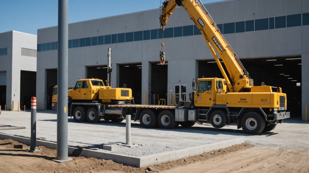 Crane trucks beside commercial light pole foundations