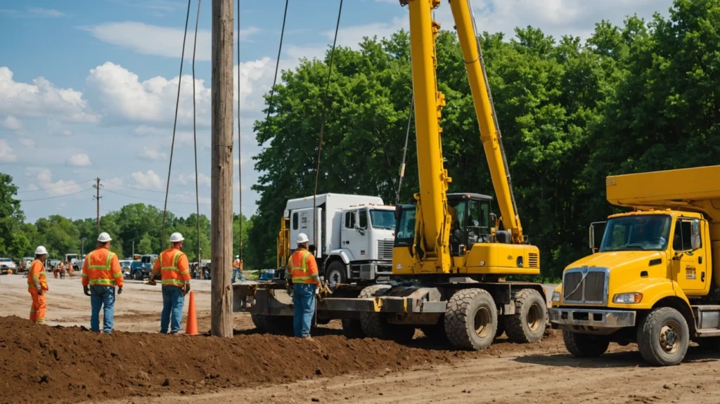 Crane and crew installing a wood utility pole