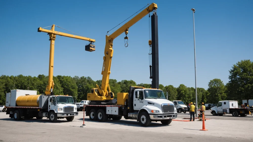 Crane trucks installing a tall commercial pole